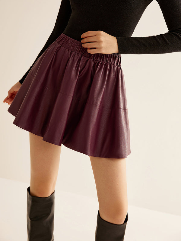 LOVEVVR Elastic Waist Pleated PU Leather Skirt