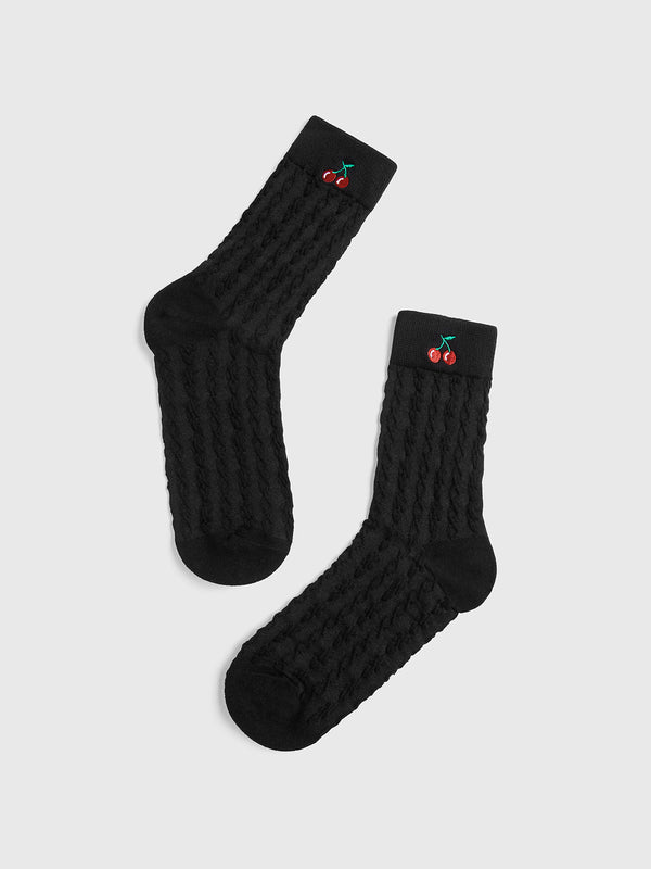 LOVEVVR Cherry Embroidered Twist Warm Pile Socks