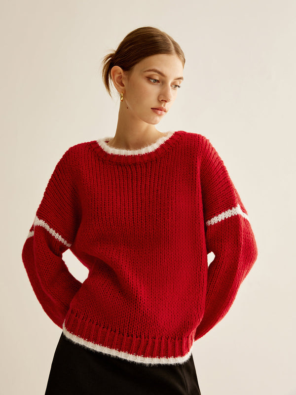 LOVEVVR Crew Neck Contrast Binding Sweater