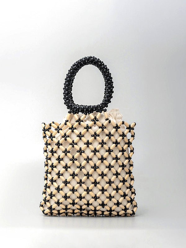 LOVEVVR Contrast Binding Wood-Bead Woven Handbag