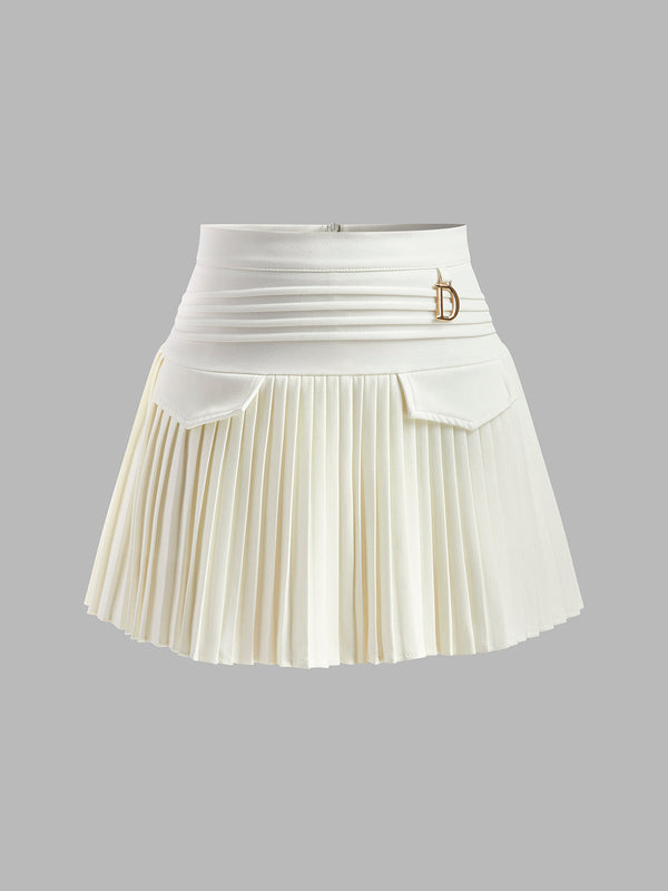 LOVEVVR Metal Letter Pleated Mini Skirt