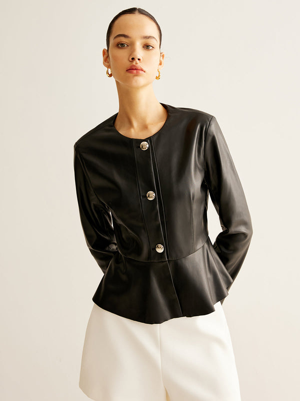 LOVEVVR Breasted Ruffle Faux Leather Jacket