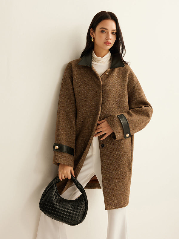 LOVEVVR Contrast Collar Button Wool Coat