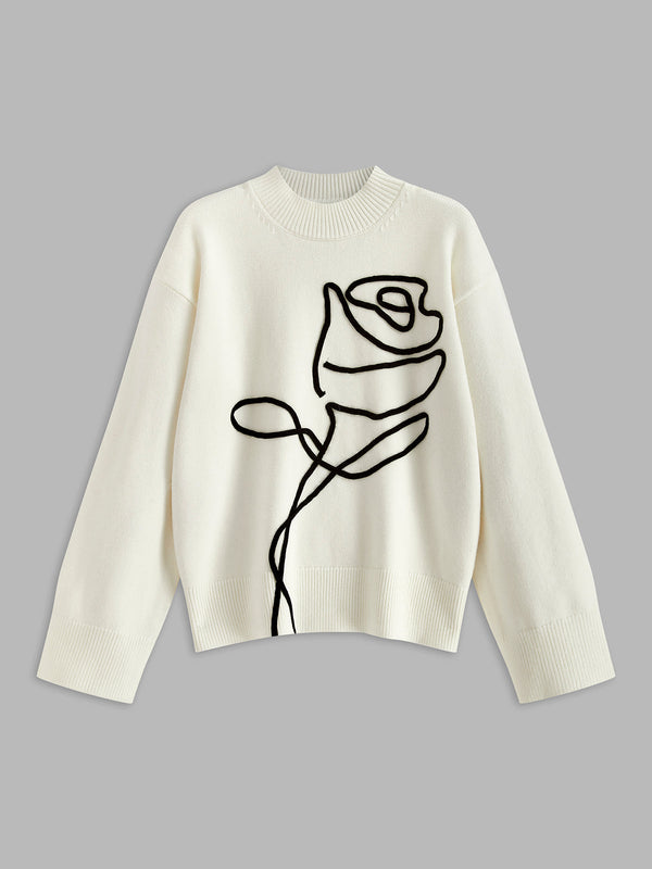 LOVEVVR Knit-Floral Pullover Sweater