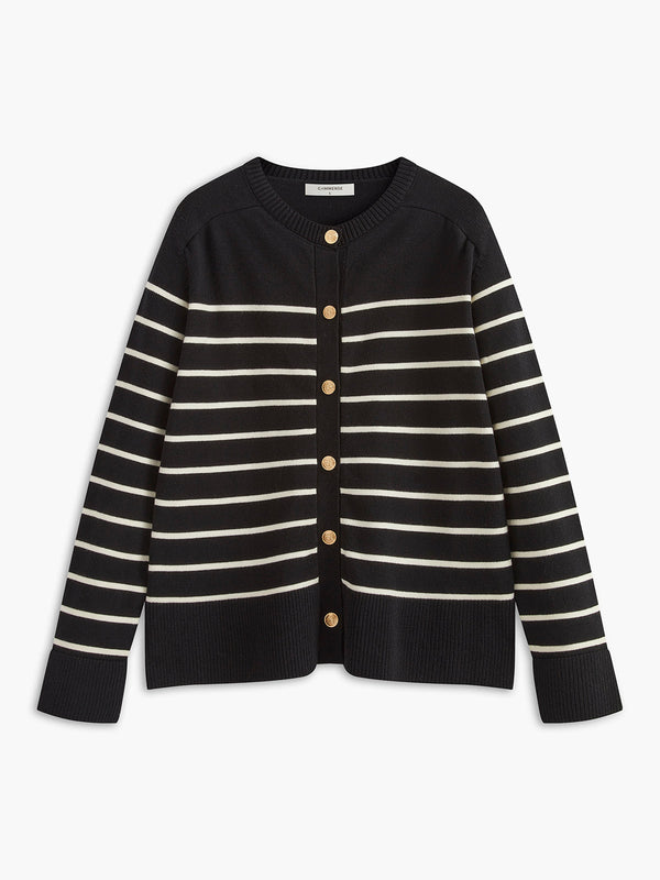 LOVEVVR Golden Button Striped Cozy Cardigan