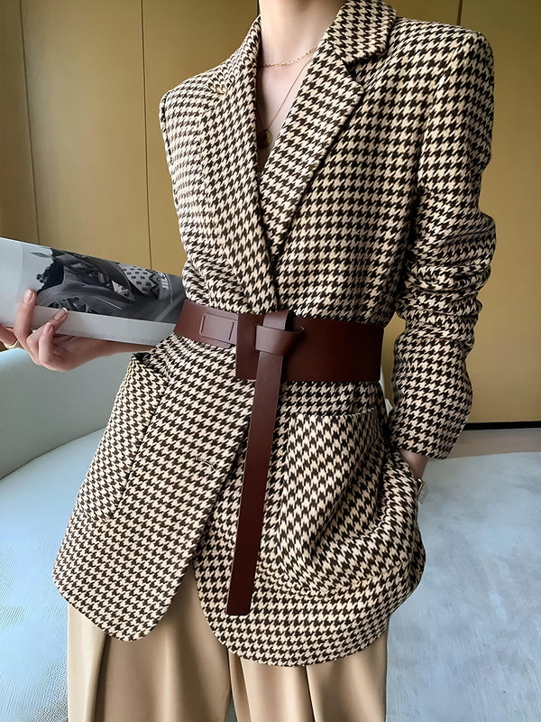 LOVEVVR Houndstooth Split Blazer With Belt