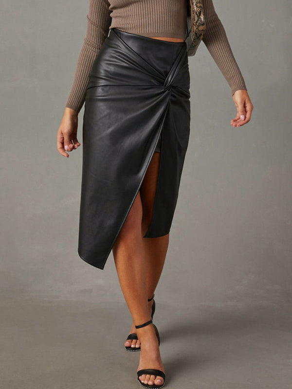 LOVEVVR Knotted Slit Faux Leather Skirt