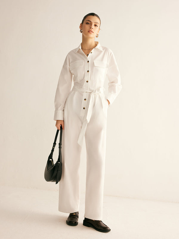 LOVEVVR Minimalist Button Polo Jumpsuit With Belt