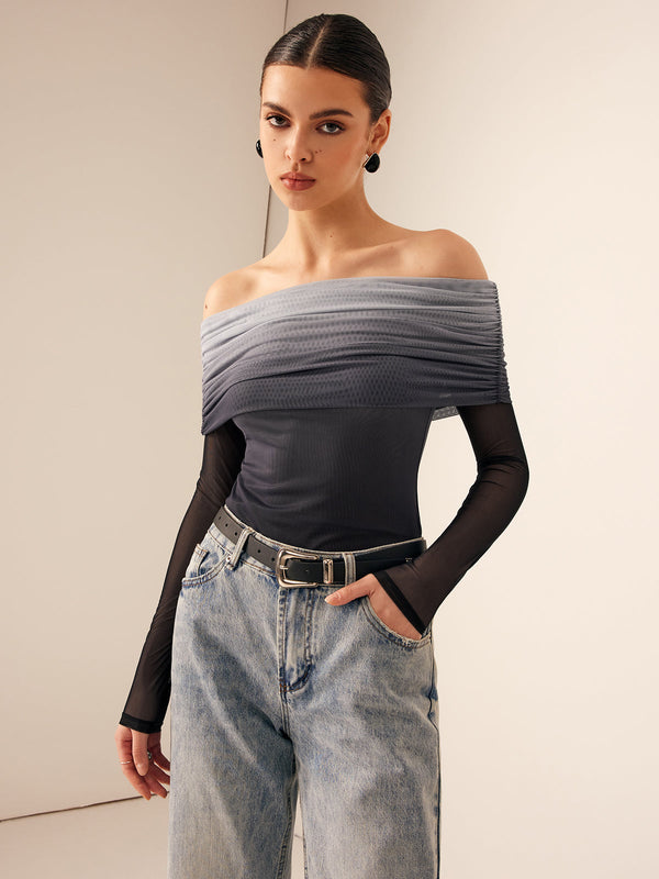 LOVEVVR Mesh Ruched Off Shoulder Ombre Blouse