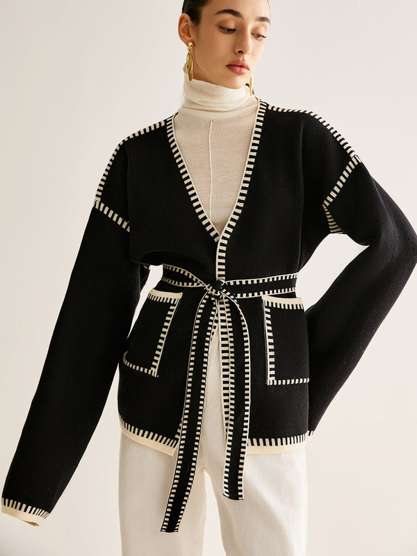 LOVEVVR Contrast Binding Split Cardigan With Belt