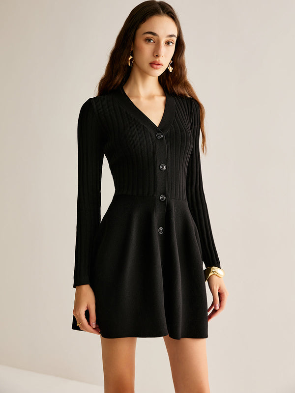 LOVEVVR Breasted Flowy Sweater Short Dress