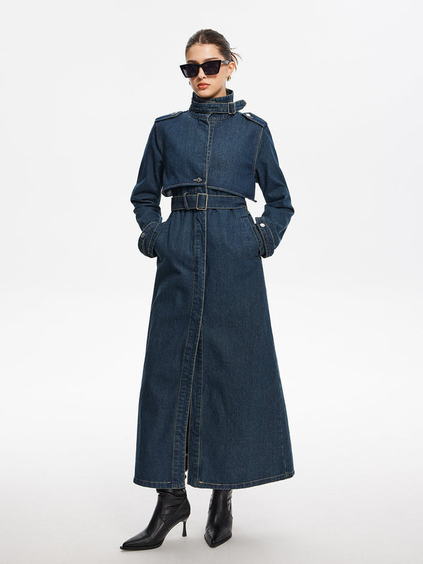 LOVEVVR Button Belted Denim Long Coat