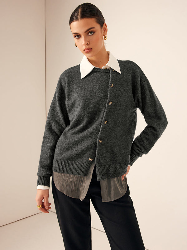 LOVEVVR Asymmetrical Button-Down Crew Neck Cardigan