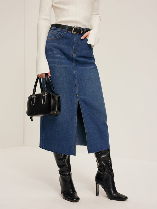 LOVEVVR Front Split Denim Skirt Without Belt