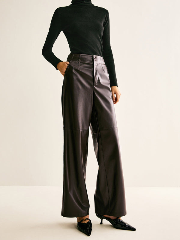 LOVEVVR Faux Leather Mid Waist Pants