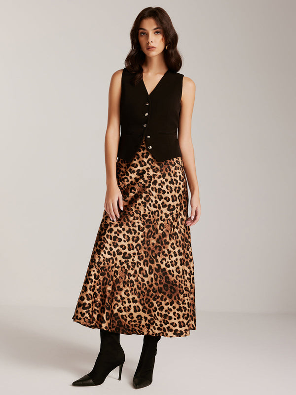 LOVEVVR Metal-Button Vest With Leopard Zipper Skirt Set