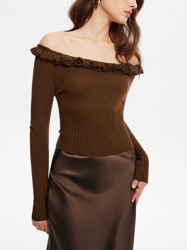 LOVEVVR Cashmere-Blend Off-Shoulder Ruffle Sweater