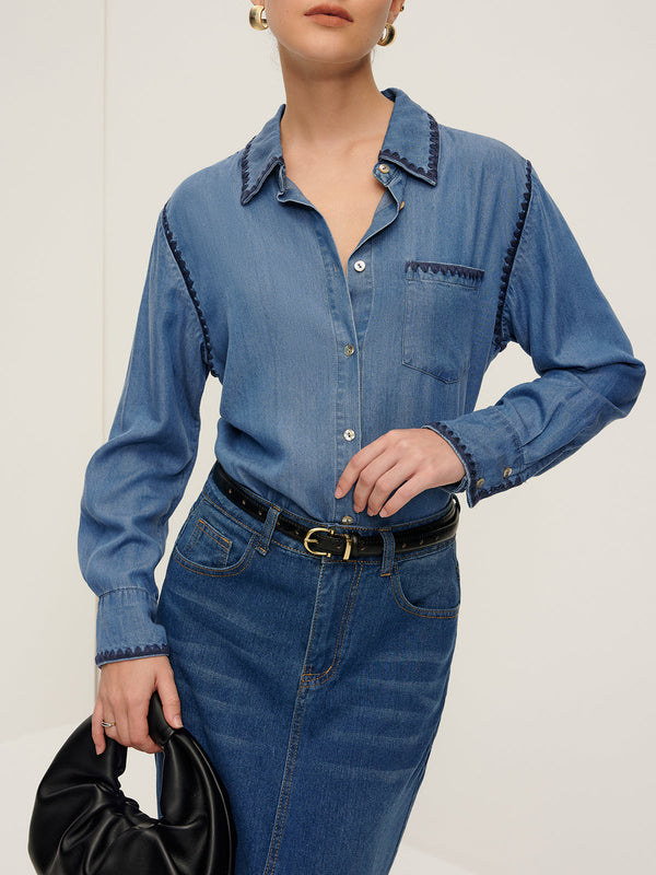 LOVEVVR Embroidered Trim Lapel Denim Shirt