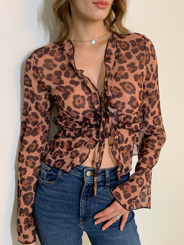 LOVEVVR Leopard Print Semi-Sheer Ruffle V-neck Shirt