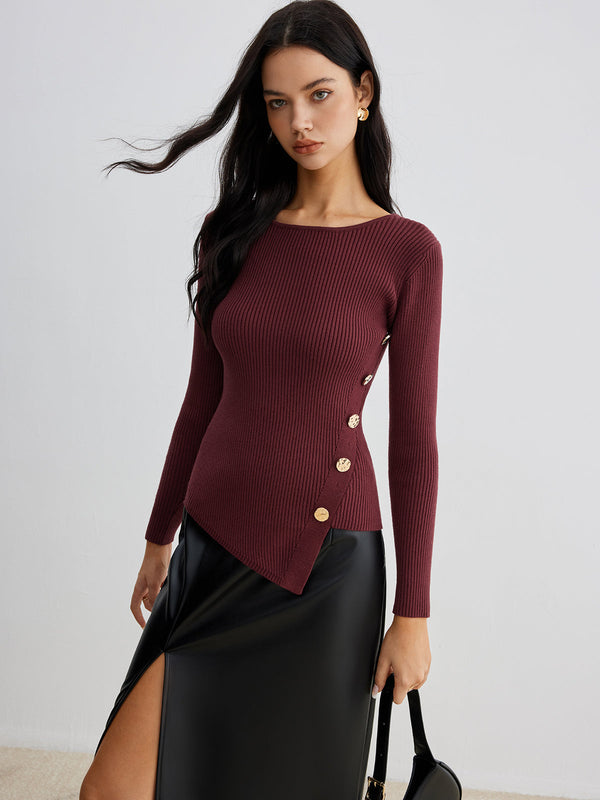 LOVEVVR Asymmetrical Ribbed Slim Sweater