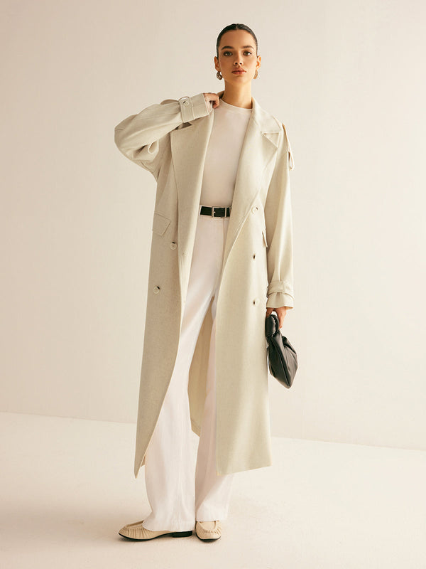 LOVEVVR Lapel Pockets Belted Trench Coat