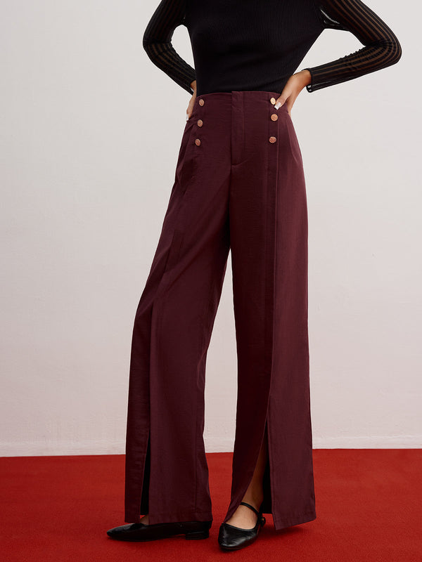 LOVEVVR Button Decor Split Wide-Leg Pants