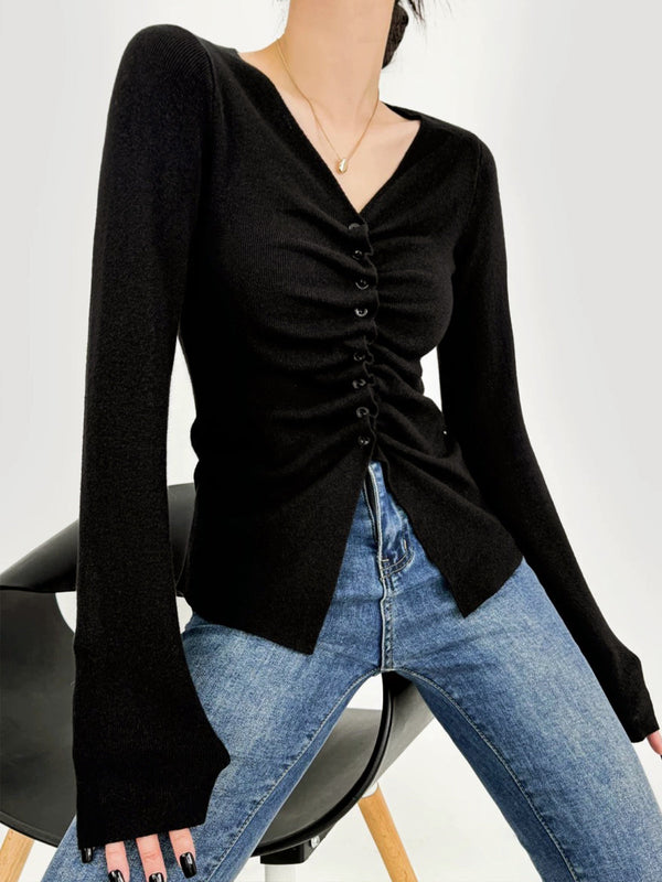 LOVEVVR Elegant Button Pleated Knit Top