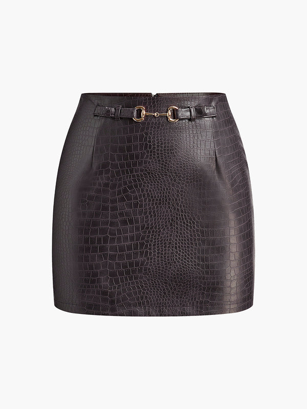 LOVEVVR Crocodile Embossed Faux Leather Skirt