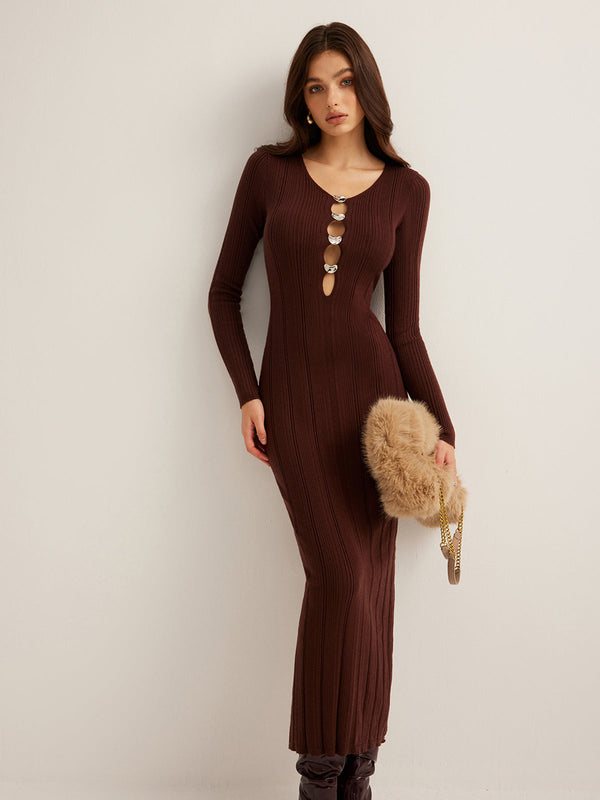 LOVEVVR Cutout Slim Sweater Long Dress