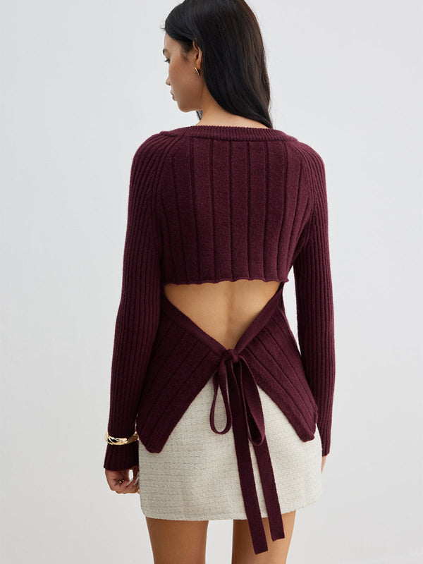 LOVEVVR Backless Slim Tie Knit Top