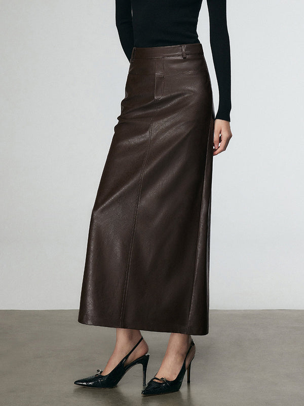 LOVEVVR Faux Leather Split Midi Skirt