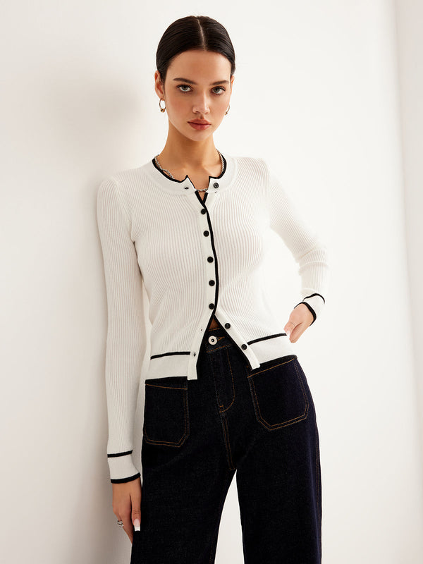 LOVEVVR Contrast Binding Ribbed Button Cardigan