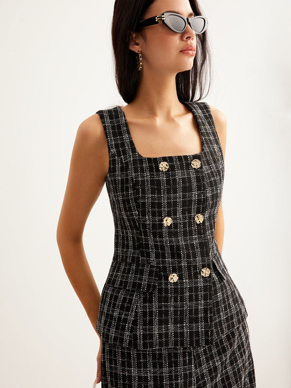 LOVEVVR Checked Tweed Button Vest