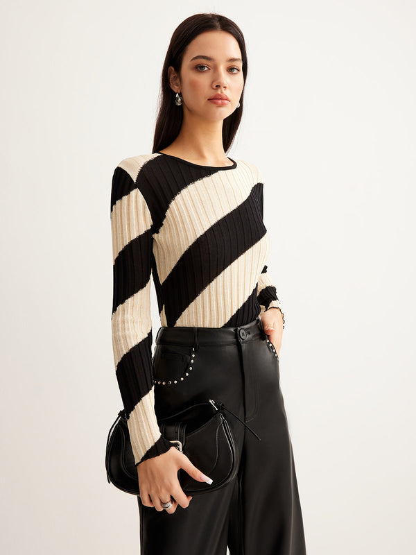 LOVEVVR Asymmetrical Striped Slim Knit Top