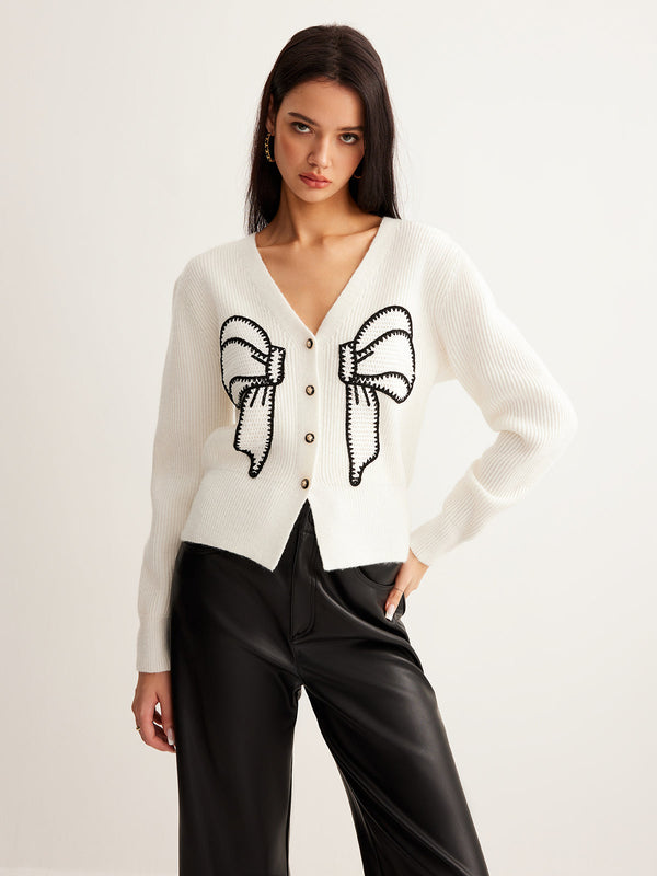 LOVEVVR Embroidery-Bow Button Short Cardigan