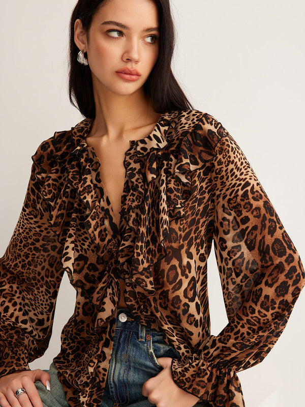 LOVEVVR Leopard Printed Ruffle Thin Shirt