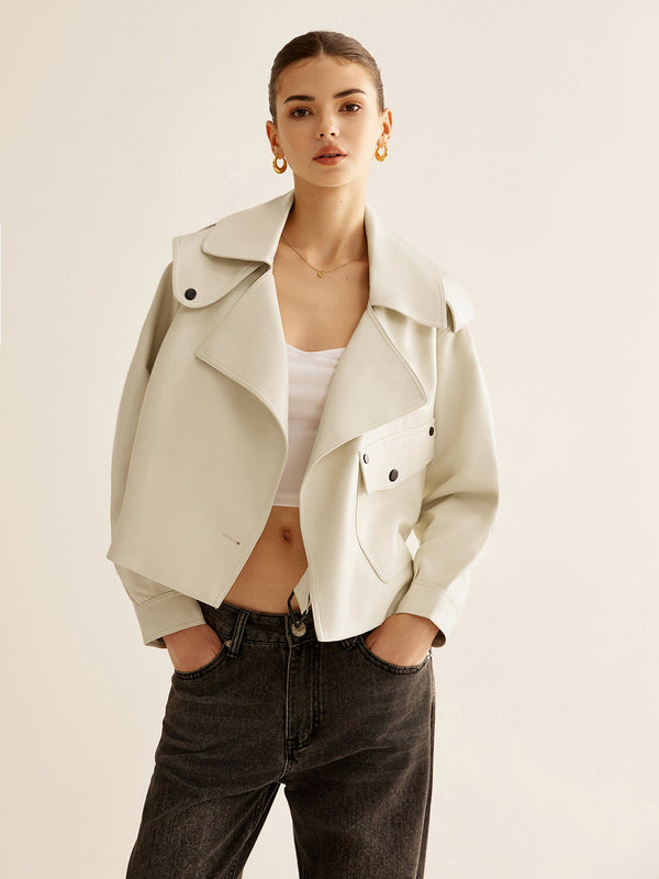 LOVEVVR Flap-Pocket Faux Leather Jacket