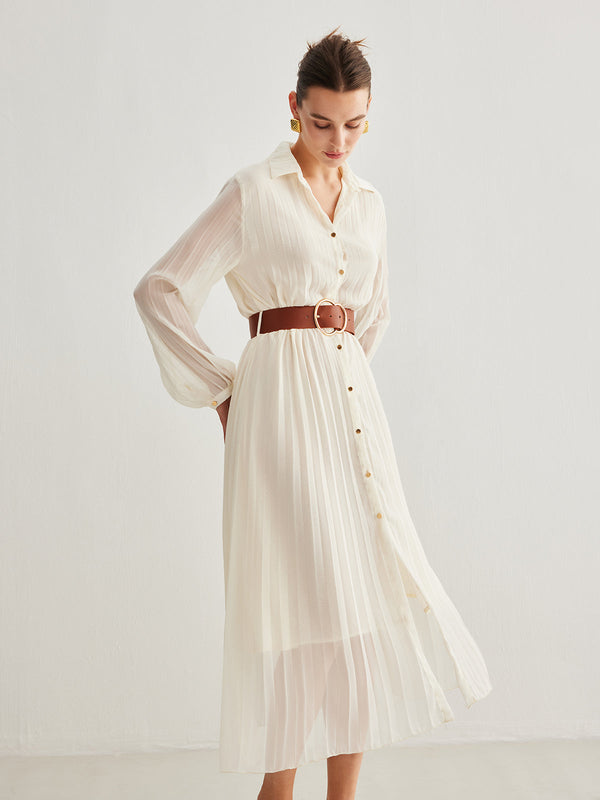 LOVEVVR Chiffon Button Pleated Dress With Belt