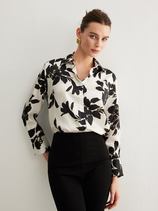 LOVEVVR Leisure Printed Lapel Thin Shirt