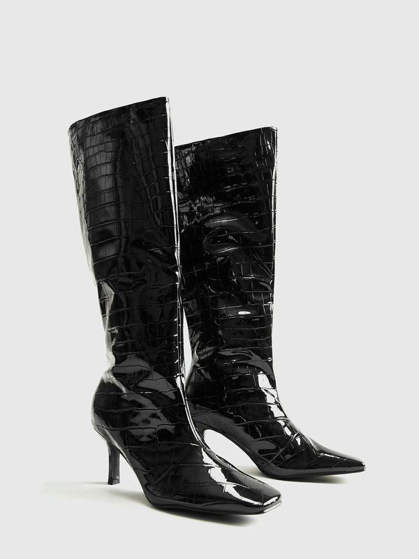 LOVEVVR Crocodile Pattern Knee High Boots