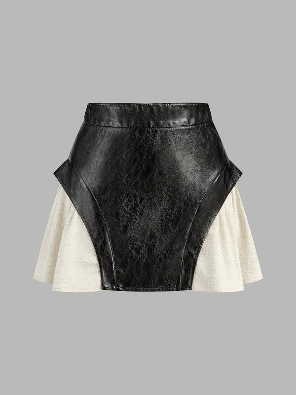 LOVEVVR Color Block Faux Leather Mini Skirt