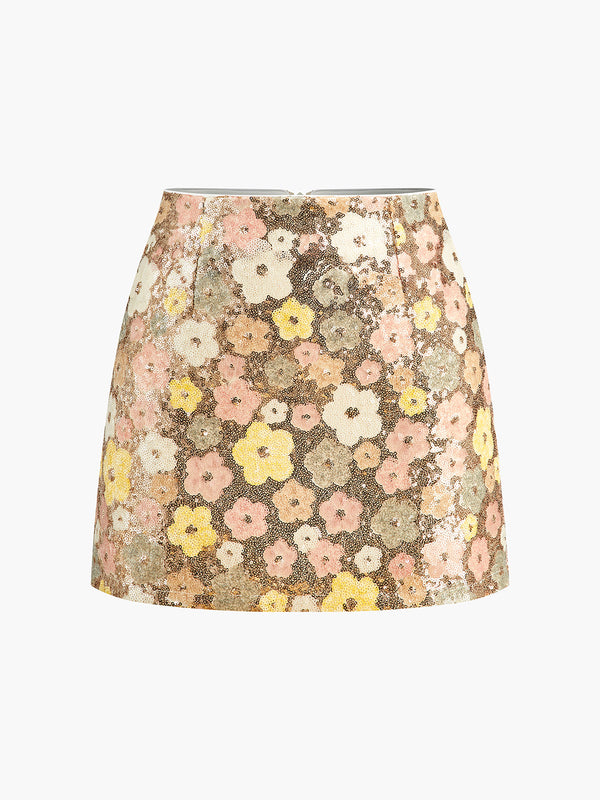 LOVEVVR Floral Sequins Zipper Mini Skirt