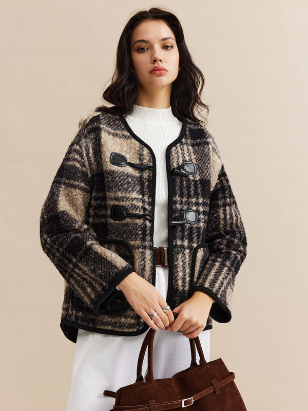 LOVEVVR Contrast Trim Checked Tweed Coat