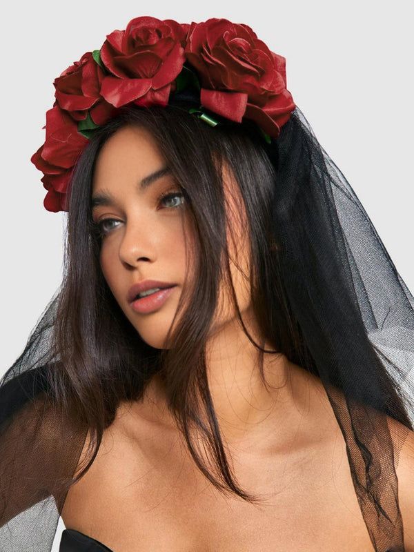 LOVEVVR Halloween Rose Flower Black Mesh Headband