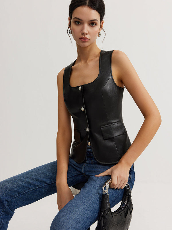 LOVEVVR Faux Leather Button Vest