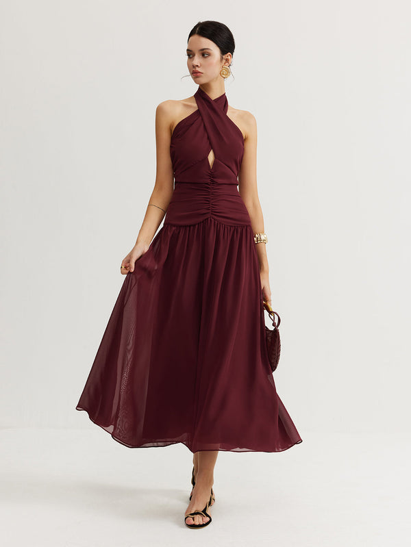 LOVEVVR Cross-Over Halter Pleated Long Dress