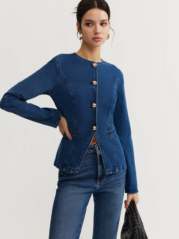 LOVEVVR Button Down Denim Slim Blouse