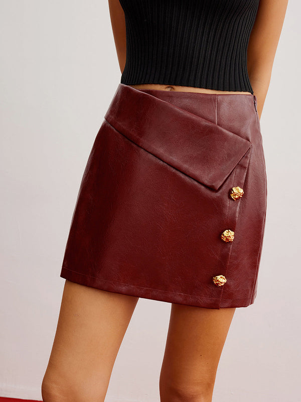 LOVEVVR Metal-Detail PU Leather Zipper Skirt