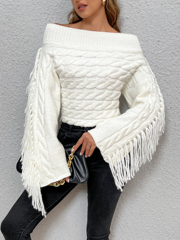 LOVEVVR Beheme Off-Shoulder Tassel Sweater