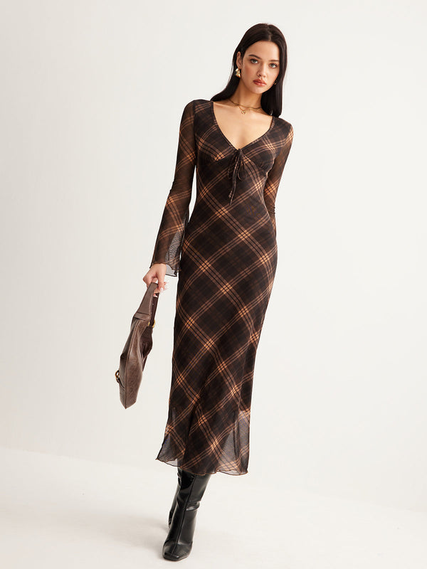 LOVEVVR Checked Bell-Sleeve Mesh Dress